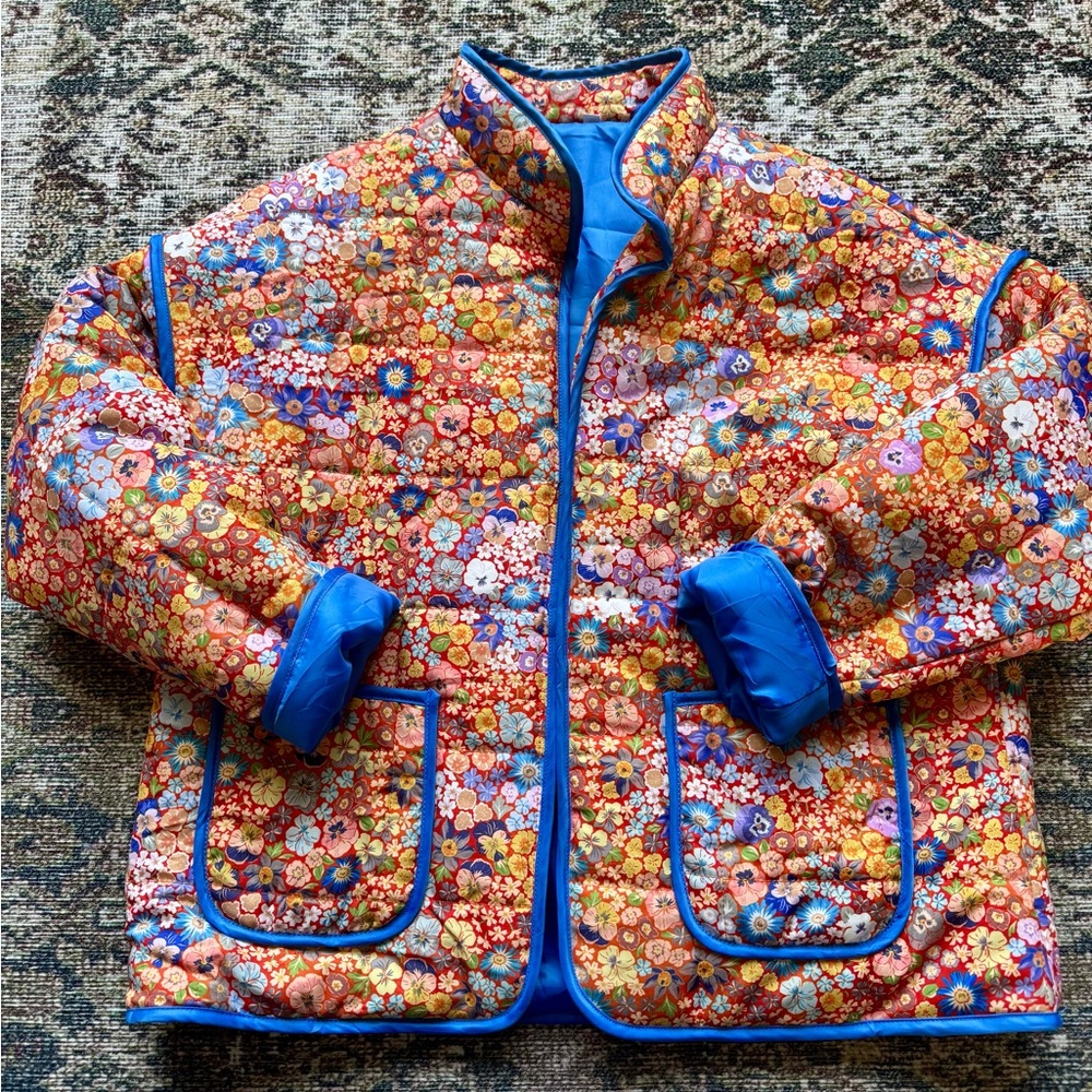 Orange and Blue Puffer Jacket with Quilted Design